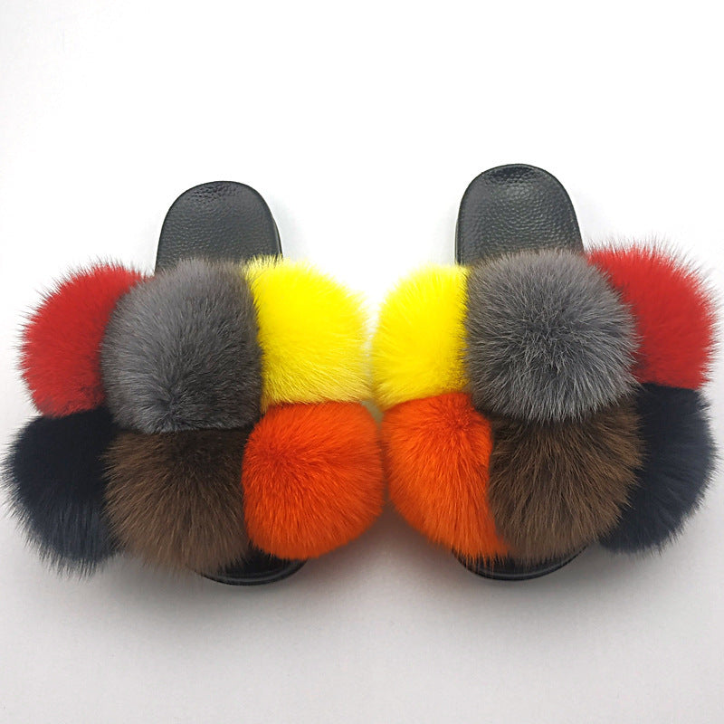 Luxury Fox Fur Slides & Fluffy Slippers Fox Fur Ball Slippers For Outer Wear | Ectron Online