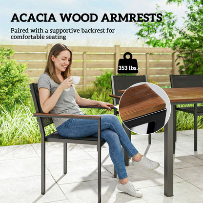 Outdoor dining chair with dark frame and acacia wood armrests