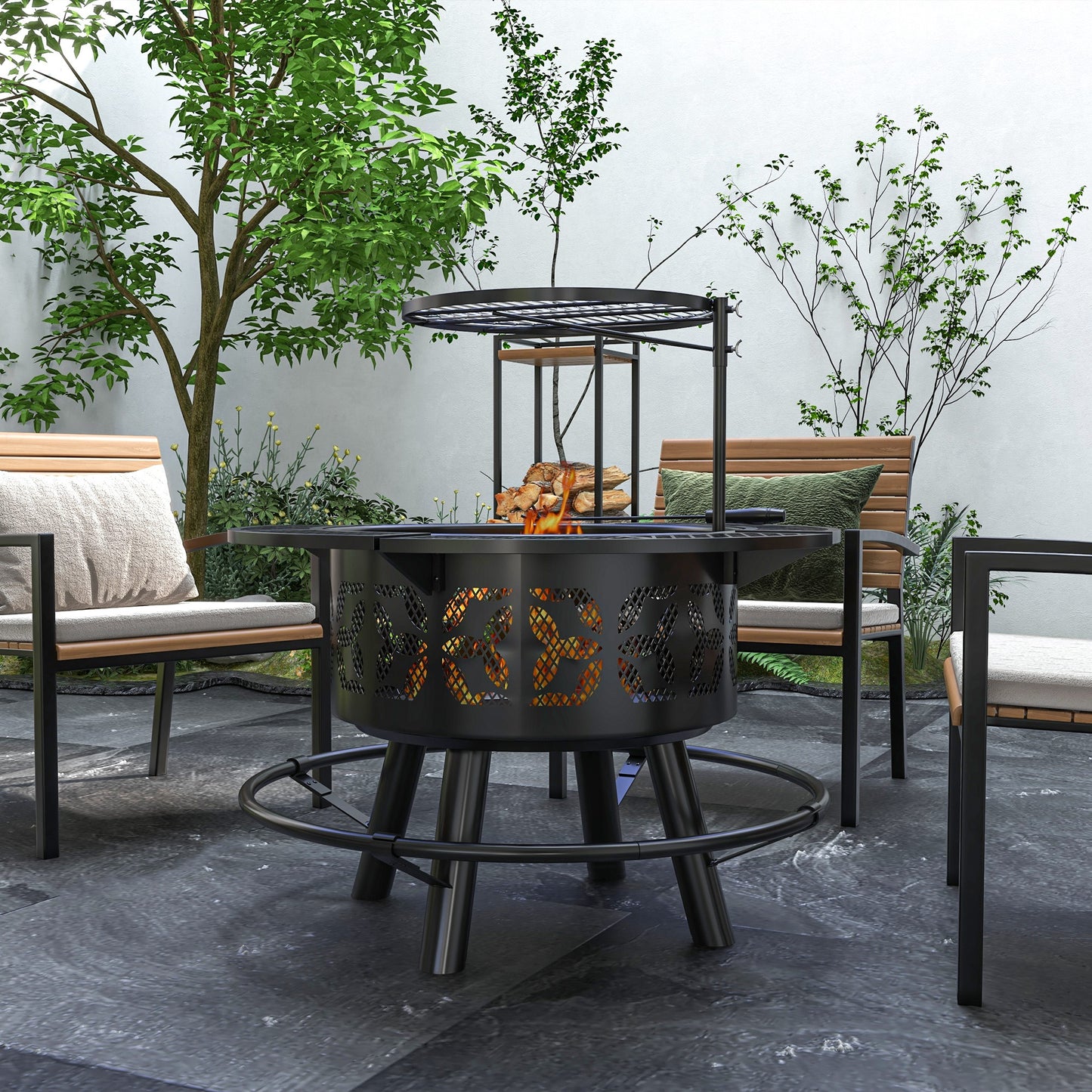 Black portable fire pit with perforated sides, raised grill grate, and mesh screen
