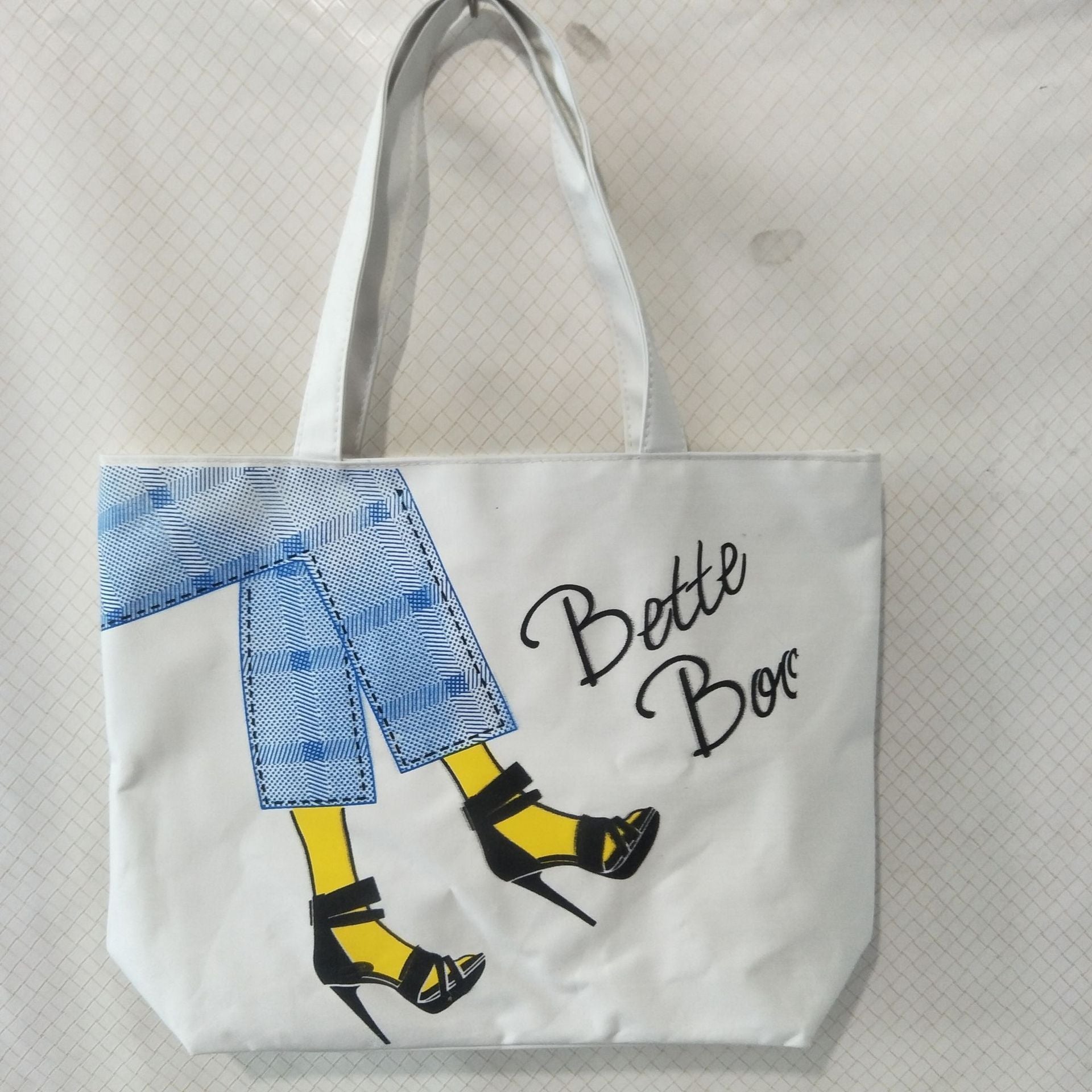 Canvas shoulder bag with blue shoe and Eiffel Tower image plus “Betty Boop” text