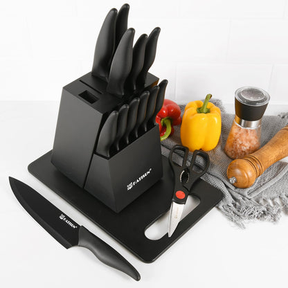 Black knife block set with black-handled knives and cutting board, plus chef accessories
