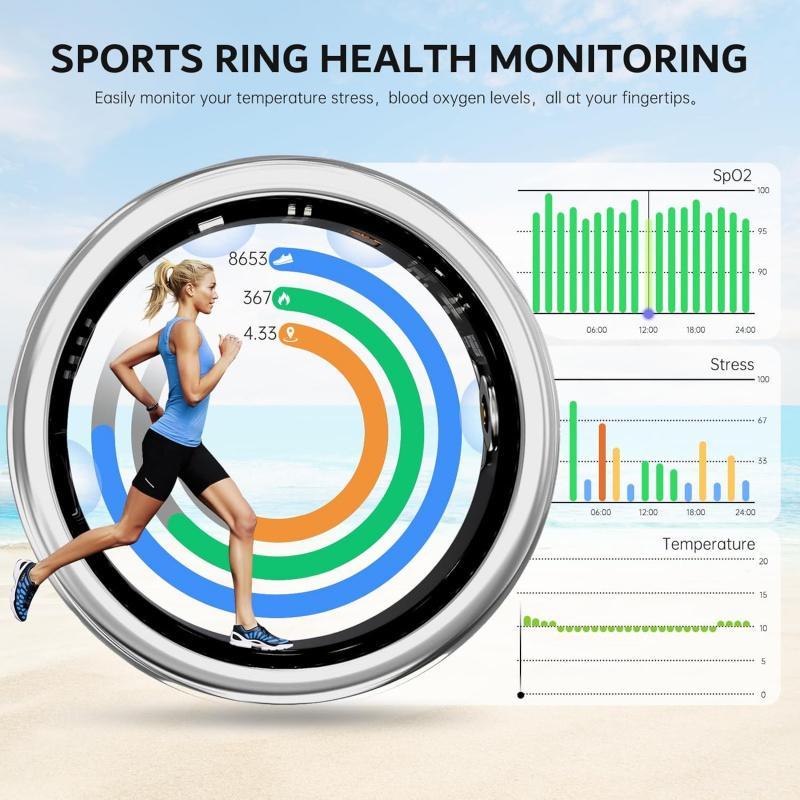 Sports ring health monitoring device with a woman running and health metrics displayed.