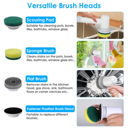 Replacement brush heads set: scouring pad, sponge brush, flat brush, and snap-in fastener head
