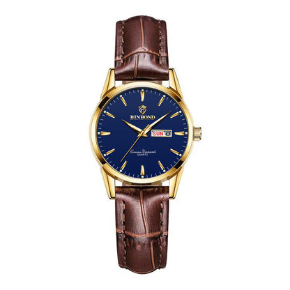 Men's quartz watch with gold case, blue dial, brown leather strap and day date display