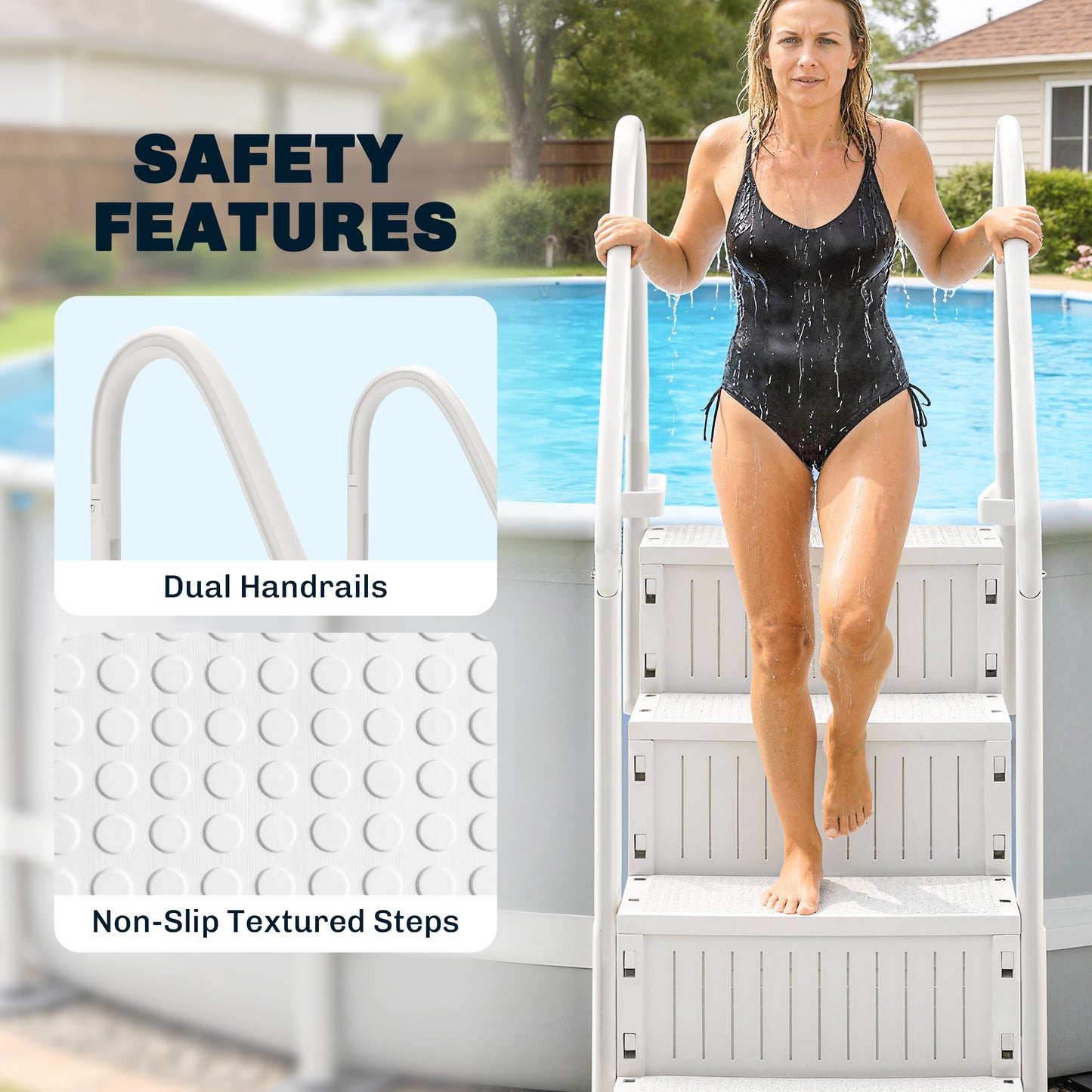 Adjustable Above Ground Pool Ladder | Dual Handrails & Non-Slip Steps