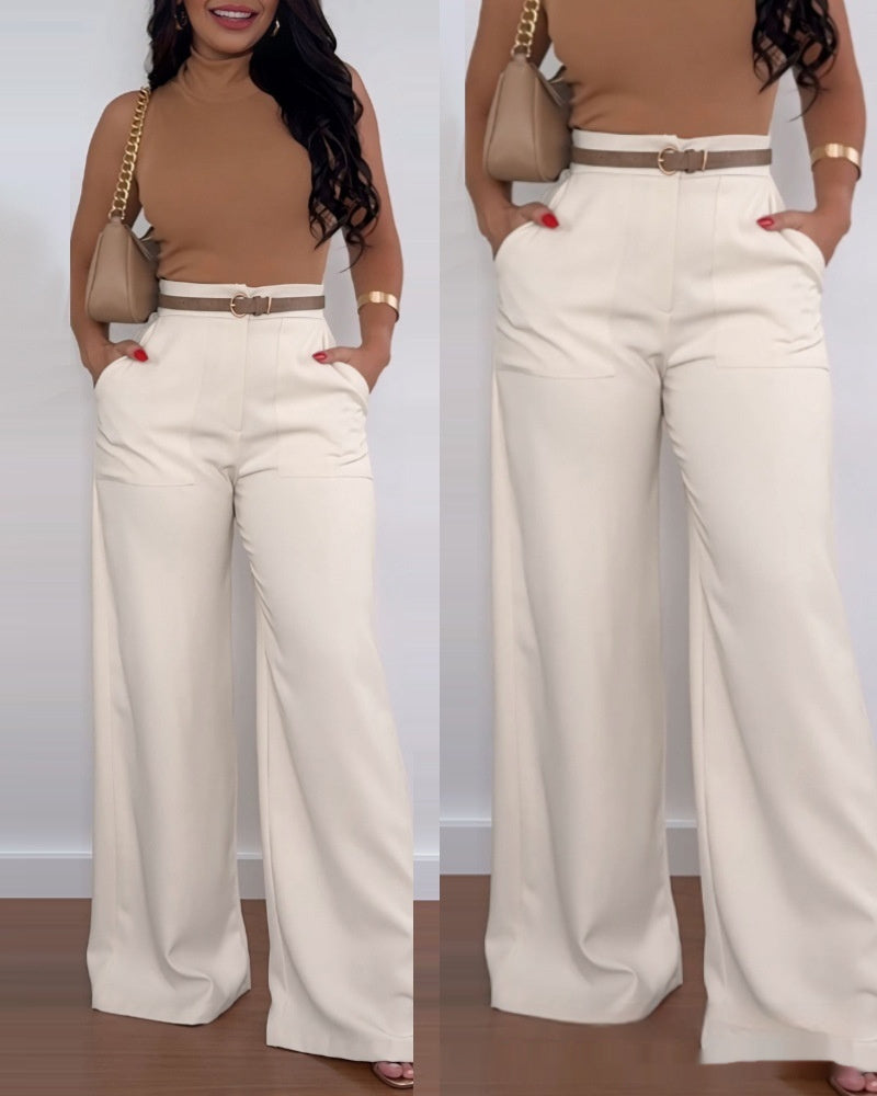 Light cream wide-leg flared pants with belted waist