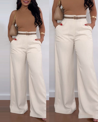 Light cream wide-leg flared pants with belted waist