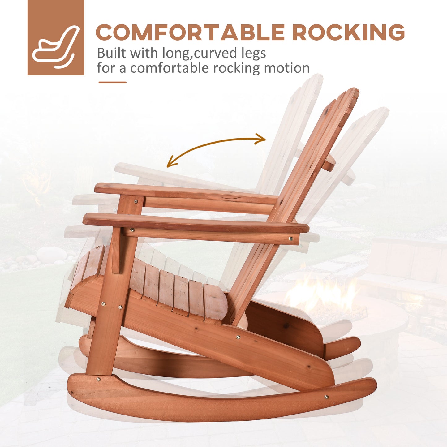 Teak wood rocking chair with wide slatted backrest and curved legs, armrests.