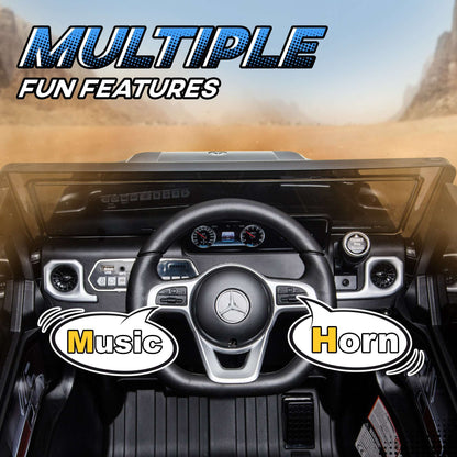 Kids electric G-Wagon dashboard with steering wheel, horn button, and music controls