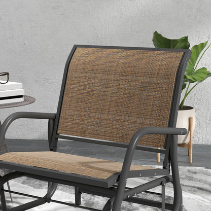 Outdoor steel glider chair close-up with tan woven seat and black curved arm frame