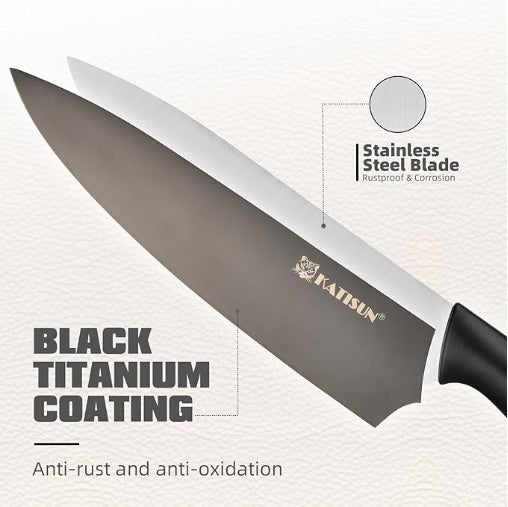 Knife with black titanium coating and stainless steel blade on a white background