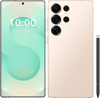 Unlocked smartphone with mint front screen and beige back, quad rear cameras