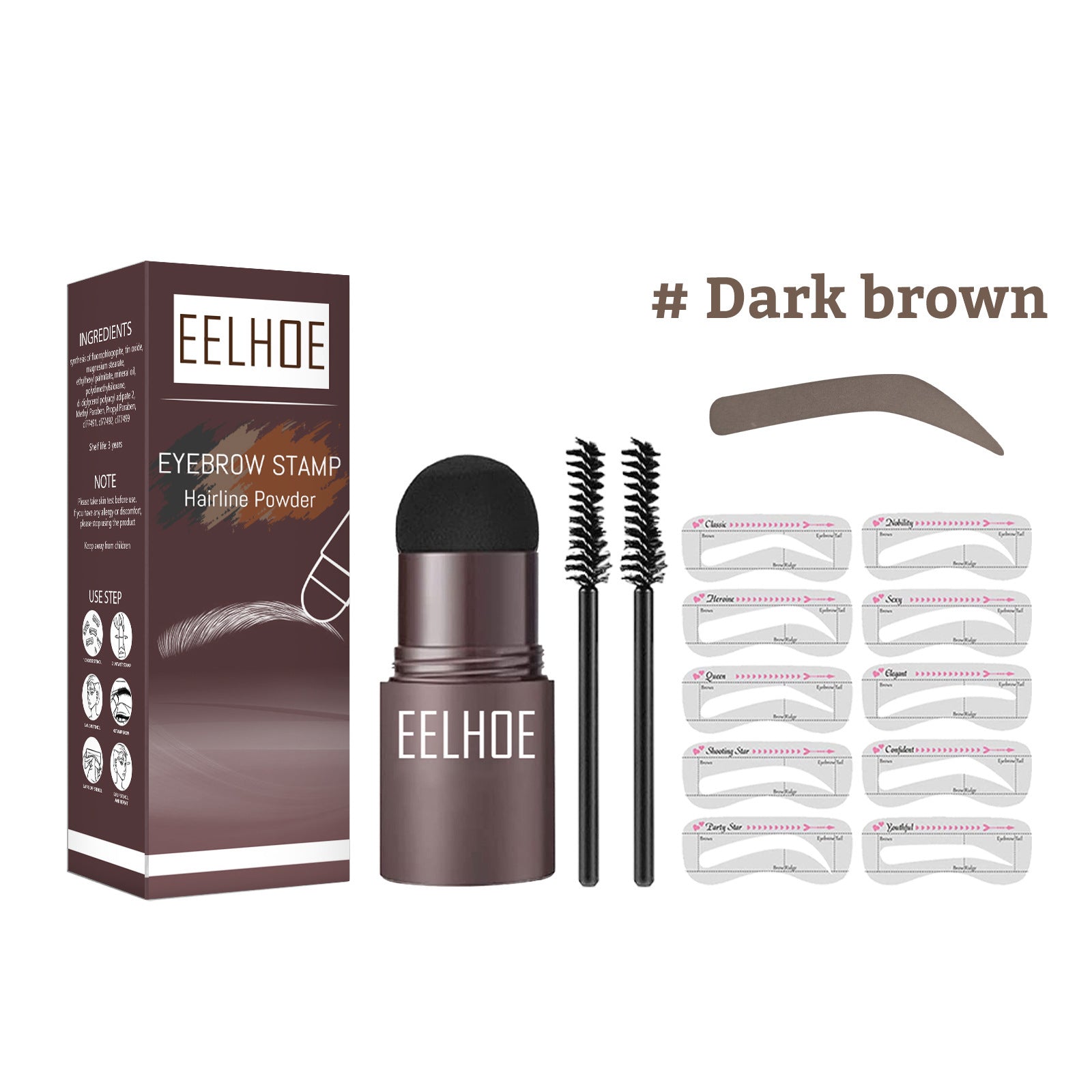 Dark brown eyebrow stamp hairline powder set with stamp, 2 spoolie brushes, stencil cards