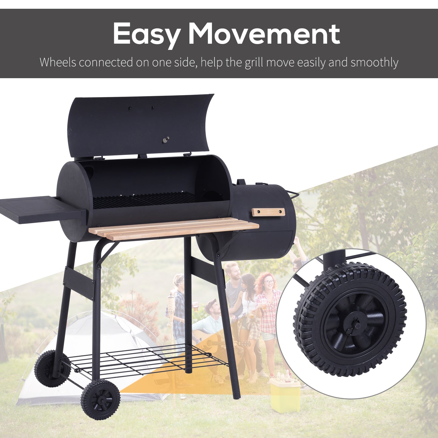 Portable Charcoal BBQ Grill with Wheels & Shelves - Outdoor Cooking
