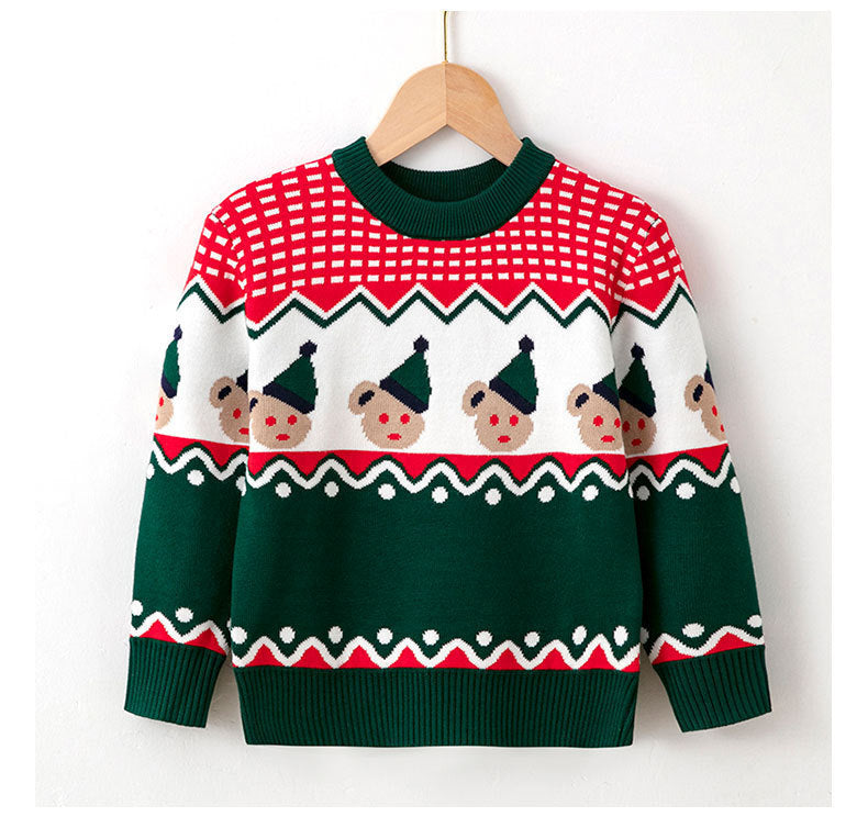 Green Christmas knit sweater with animal-face fair isle and snowflake trim