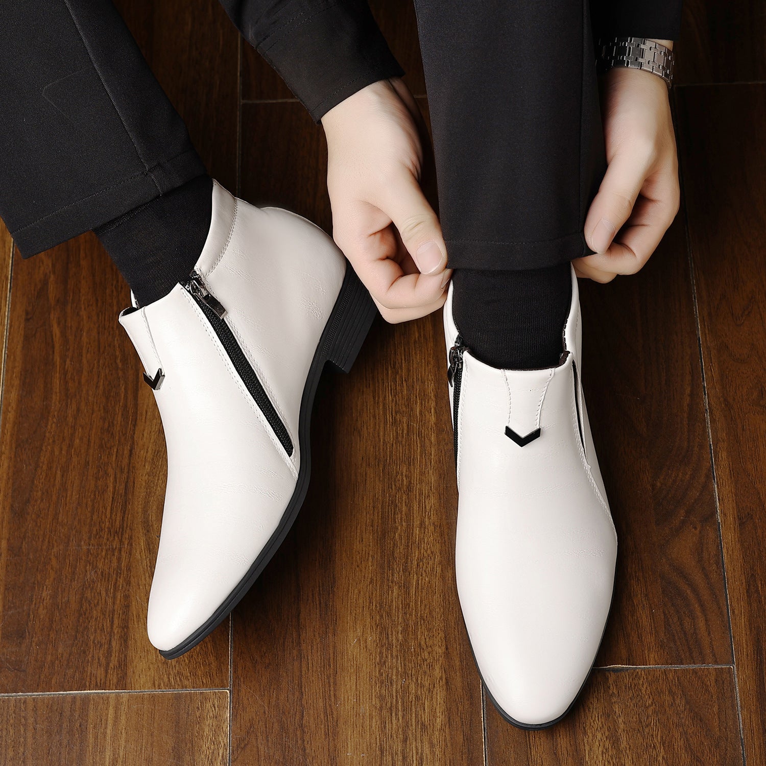 Men’s White Striped Leather Ankle Boots – Pointed Toe & Zipper Men's Pointed White Striped Embossed Sid | Ectron Online