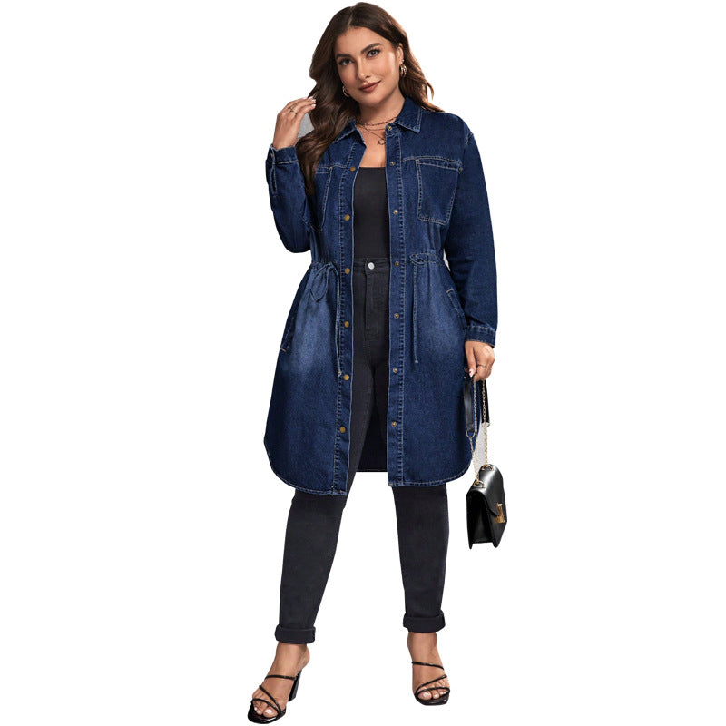 Dark blue denim blouse jacket, tunic length with button front, collar, and chest pockets