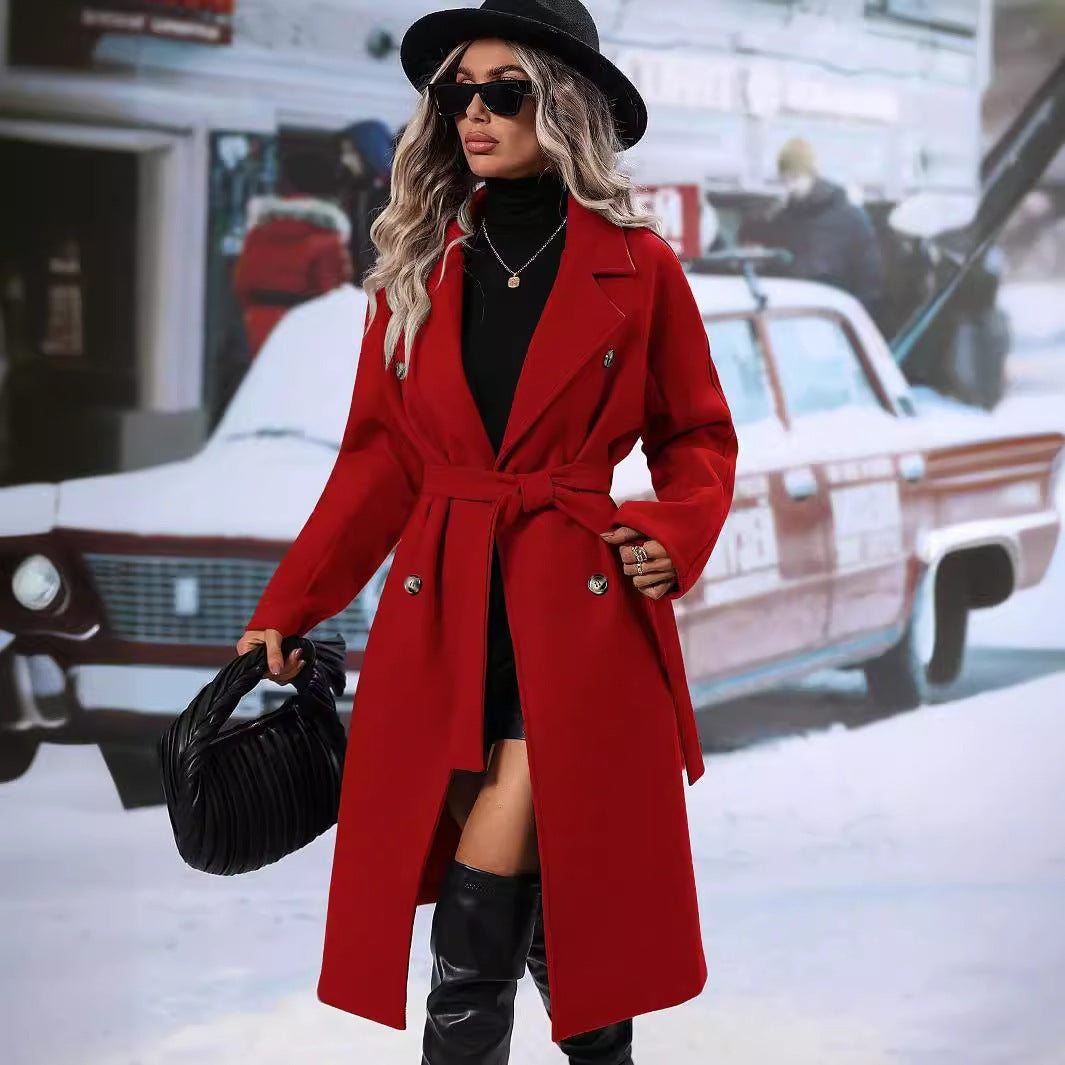Women's Double-Breasted Woolen Coat | Lace-Up Slim Winter Overcoat