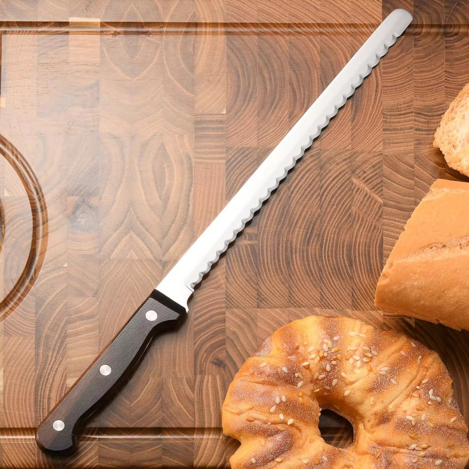 10" Luxury Mirror Polished Bread Knife | Carbon Steel with Wooden Handle