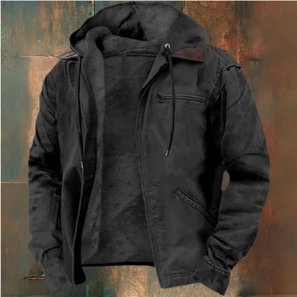 Men’s hooded fleece zip-up jacket in dark gray/black with black inner hood and chest zip.
