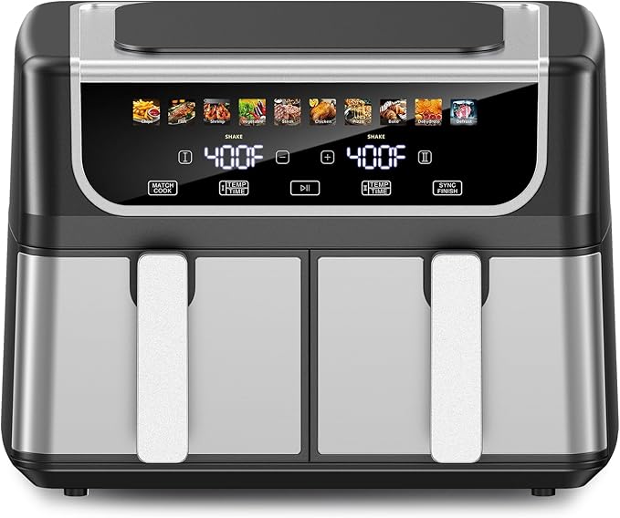 Dual-zone air fryer front view with two pull-out baskets and LED control display