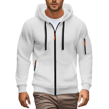Men's zip-up hooded sweatshirt in white with drawstring hood and front zipper