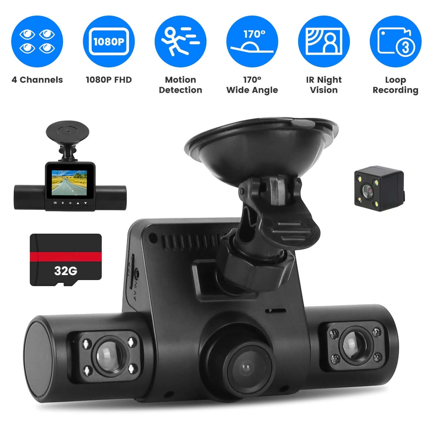 360° View 4-Channel Dash Cam - 1080P FHD Front & Triple Cabin/Rear Cameras 1Pc 360 Degree View FHD 4 Channel Dash C | Ectron Online