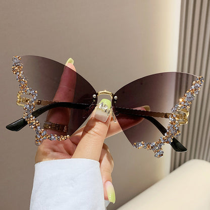 Luxury Diamond Butterfly Sunglasses Women Brand Y2K Vintage Rimless Oversized Sun Glasses Ladies Eyewear Shades