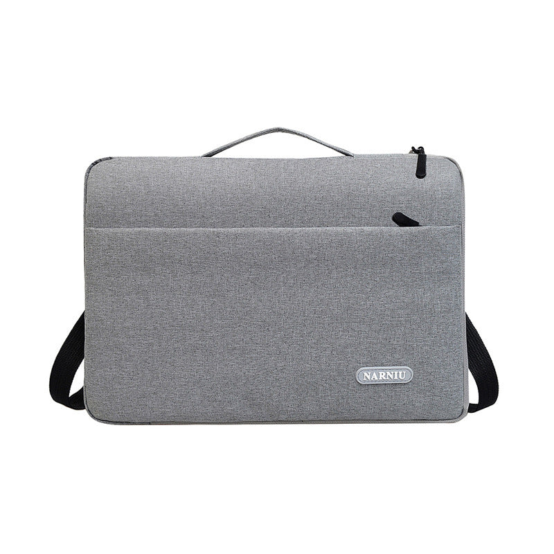 Light gray laptop sleeve bag with carry handle and front latch