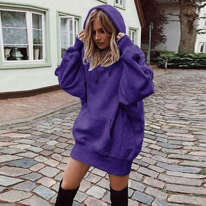 Purple fleece pullover hoodie with loose fit and front kangaroo pocket