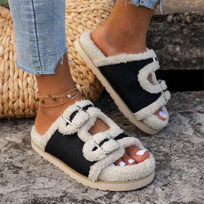 Autumn Winter Buckle Lamb Wool Slippers – Women’s Thick Sole Autumn Winter Slipper Thick Sole Buckle | Ectron Online