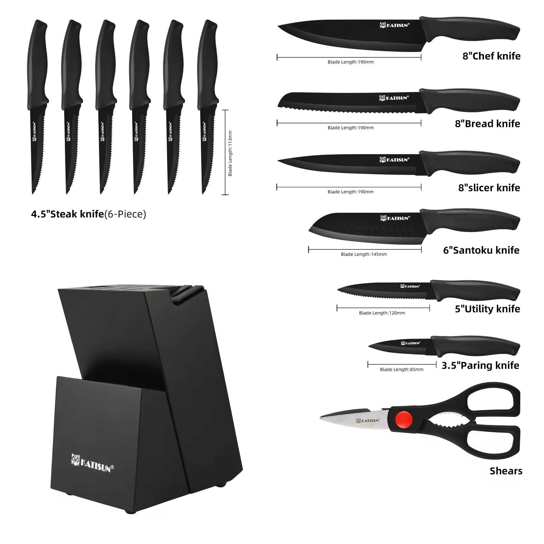 Black knife set with blade-size diagram, assorted knives and kitchen shears