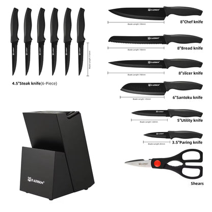 Black knife set display with multiple blades, shears, and labeled sizes