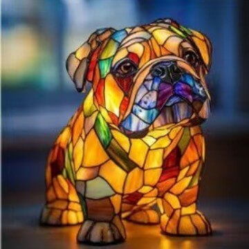 Colorful dog lamp with small seated mosaic dog, colorful stained-glass pattern