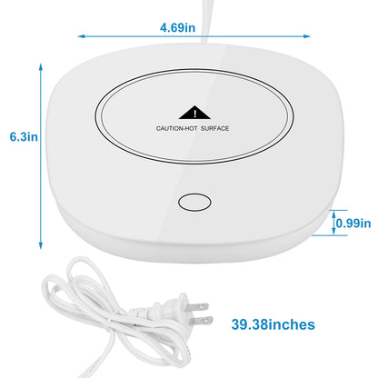 White round mug warmer with cauton-hot-surface label and power cord