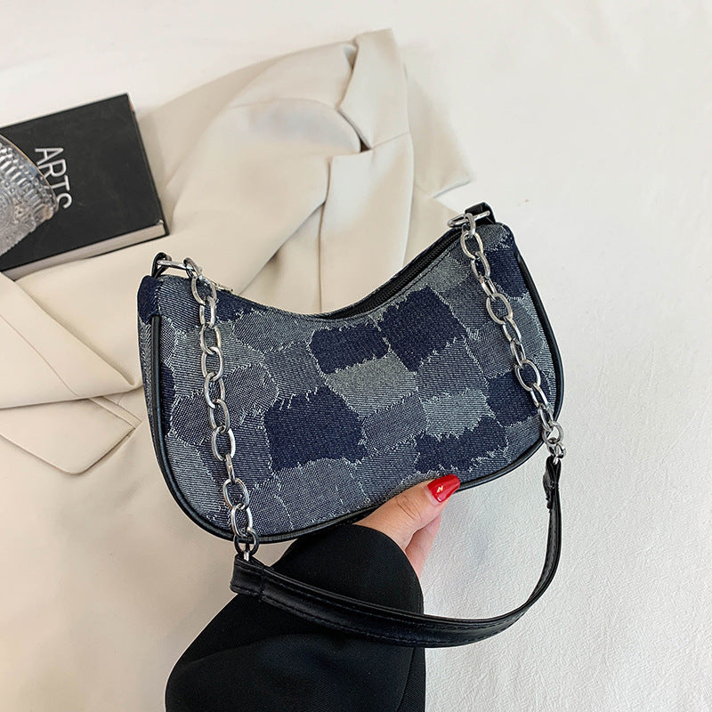 Denim Shoulder Bag Simple Plaid Patchwork Underarm Bag Women