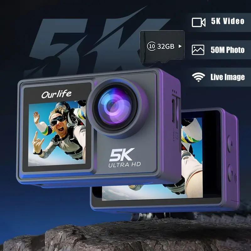 Ourlife 5K Action Camera 50MP | Dual Screen Vlog Cam with 32GB Card