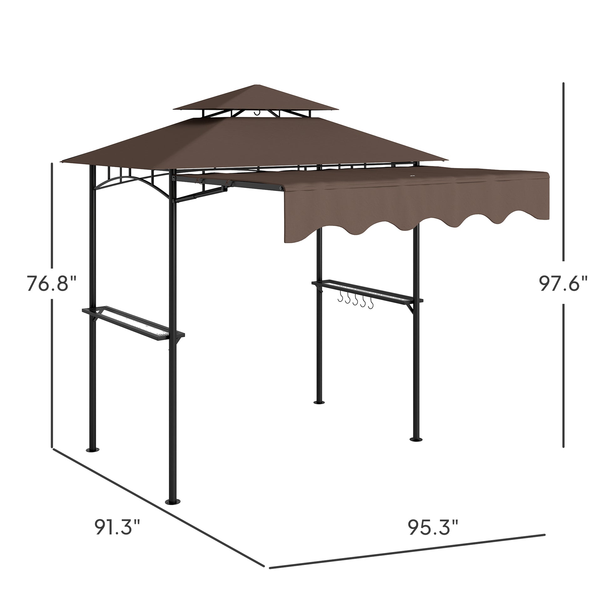 Brown grill gazebo shelter canopy with scalloped side awning, showing dimensions