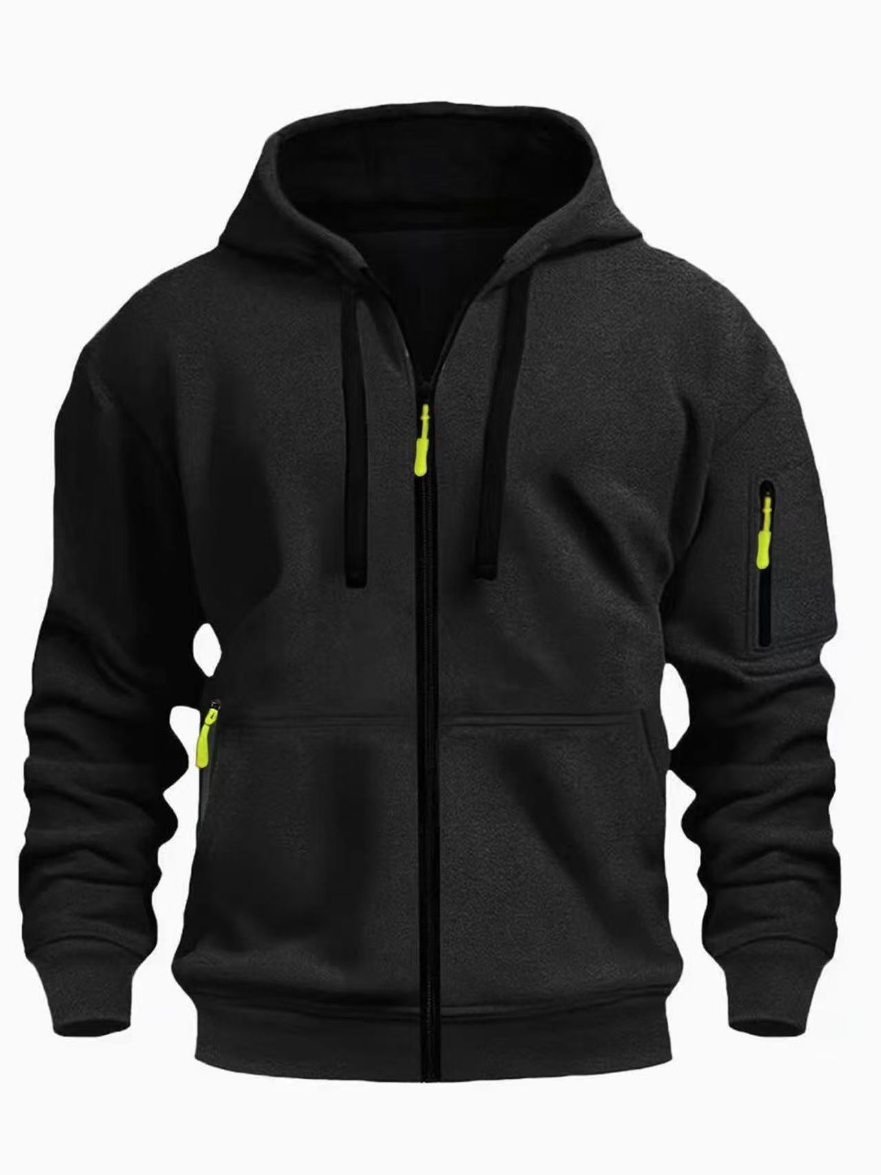 Men's zip-up hooded sweatshirt in black with drawstring hood and zip pocket sleeve