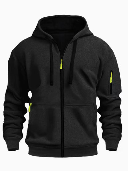 Men's zip-up hooded sweatshirt in black with drawstring hood and zip pocket sleeve