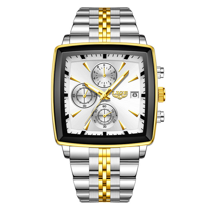 Square dial wristwatch with white face, gold accents, and two-tone metal bracelet