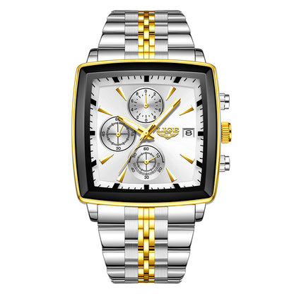 Square dial wristwatch with white face, gold accents, and two-tone metal bracelet