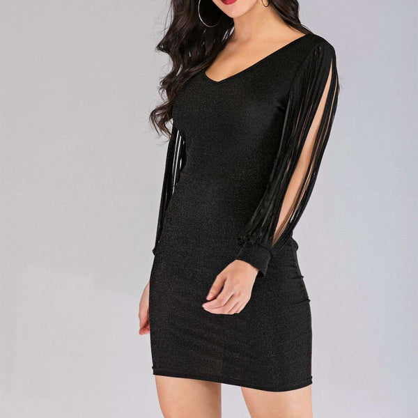 Women’s Shiny Nightclub Party Dress with Sleeve Tassels