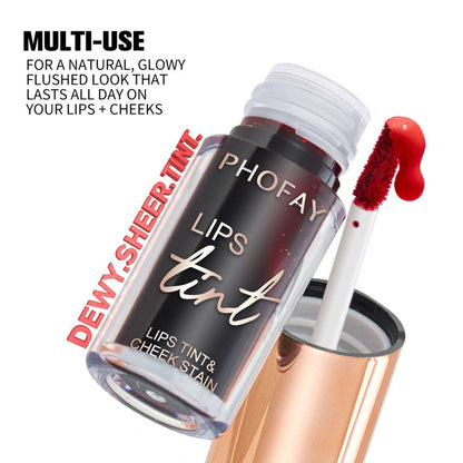 Lip tint bottle with bold red doe-foot applicator tip and transfer-free style.