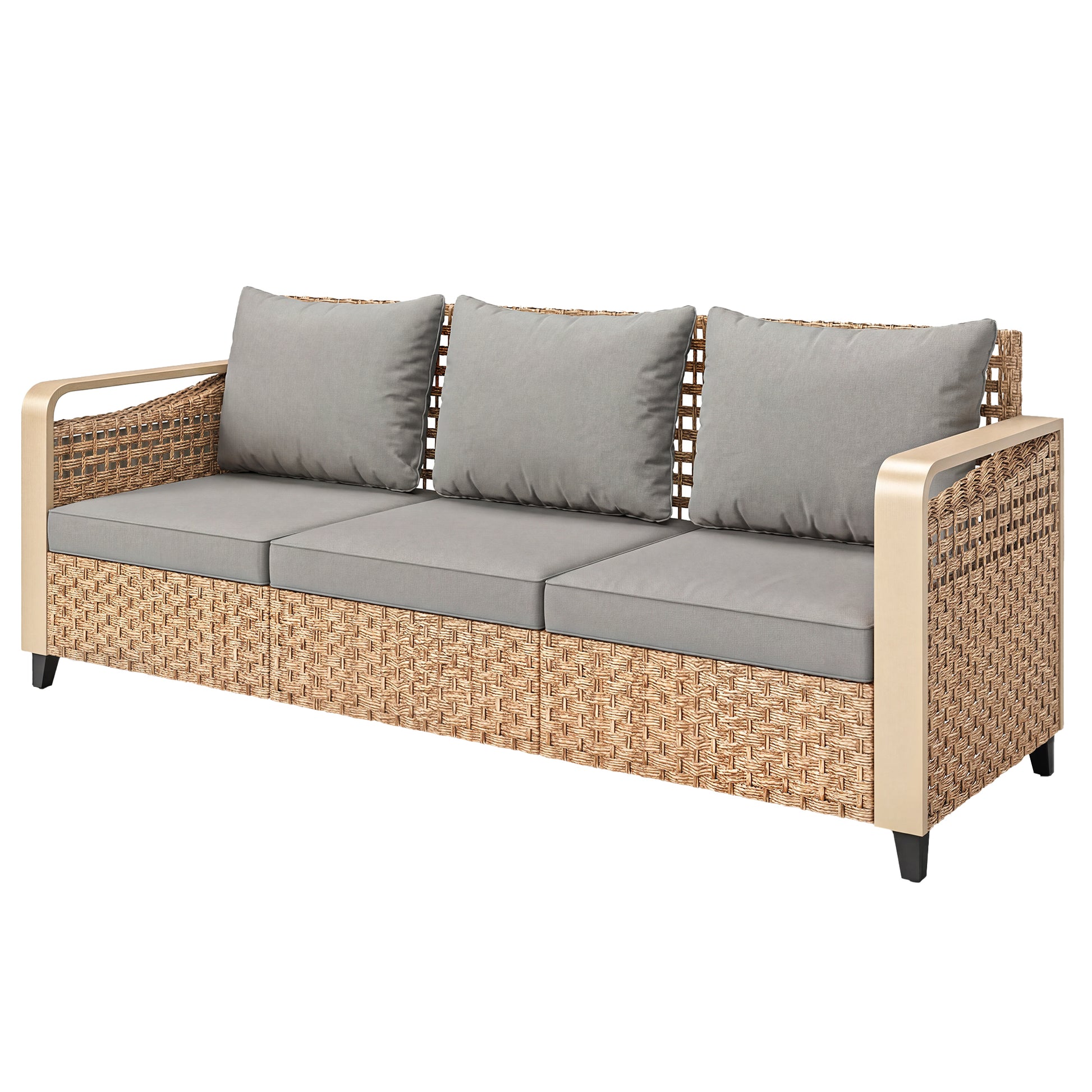 3-seat rattan outdoor sofa with gray cushions and woven armrests