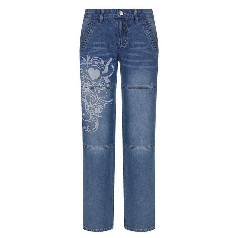 Low-Rise Washed Jeans: Heart Print & Relaxed Fit Woman Jeans | Ectron Online
