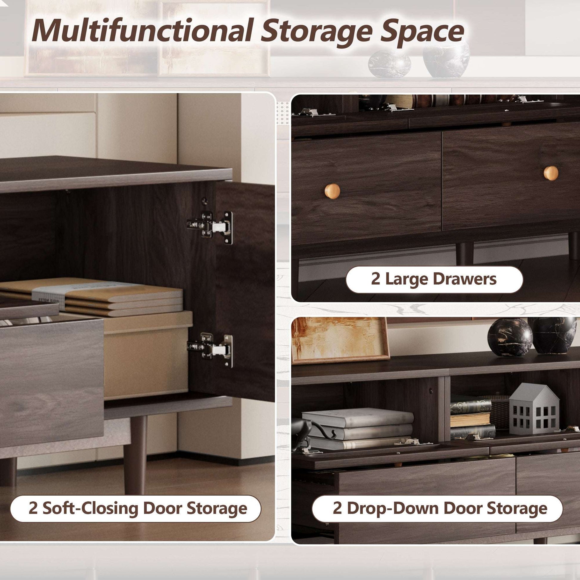 Dark brown TV stand with two drop-down doors and two soft-closing drawers