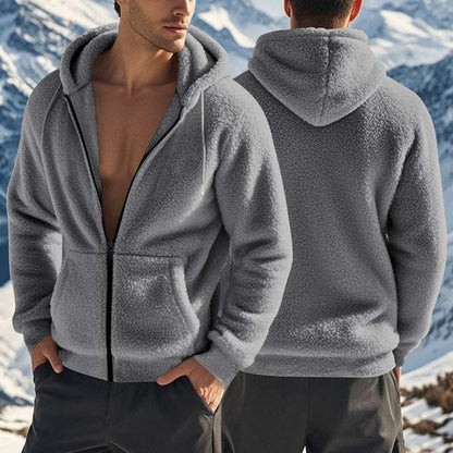 Gray sherpa fleece zip hoodie with two front pockets
