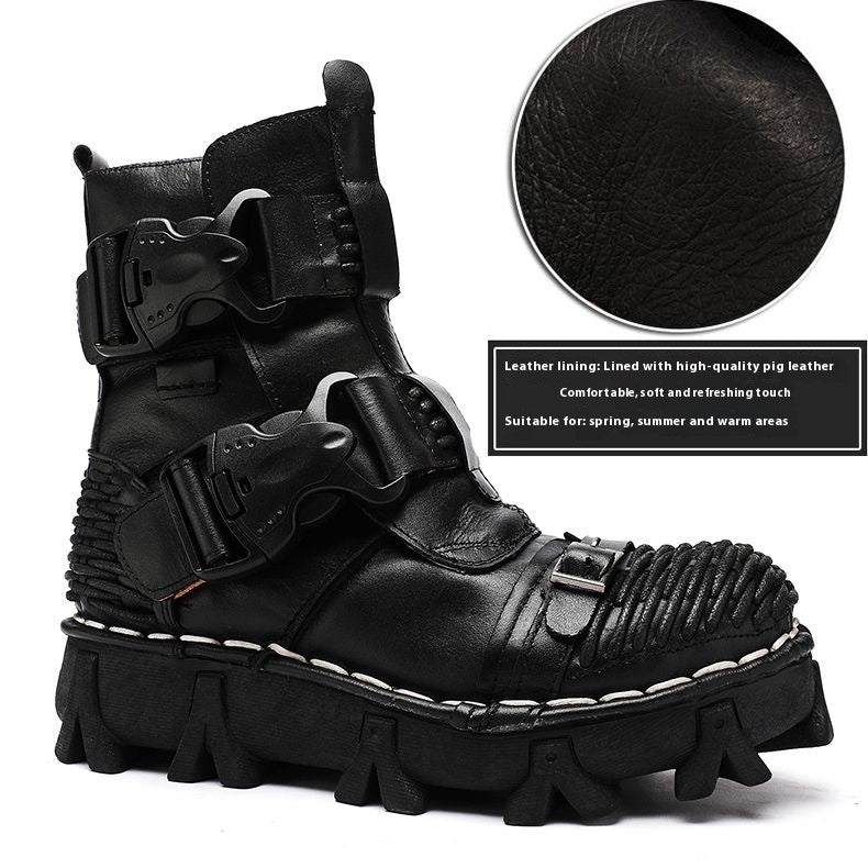 Black lace-up work boot with leather-lined interior and side straps; chunky tread sole