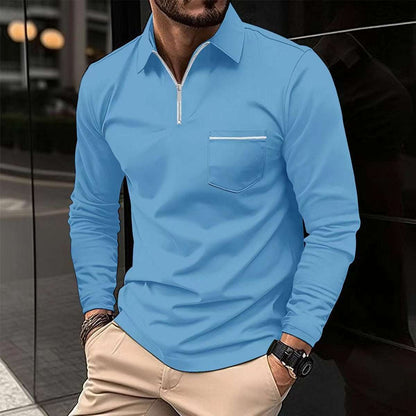 Long-sleeve sports polo shirt, light blue quarter-zip with chest pocket